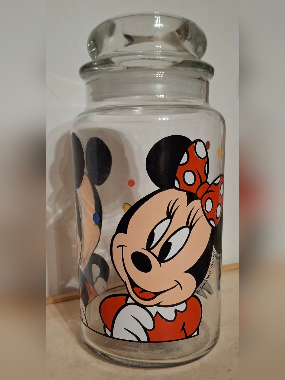 Vintage Disney's Minnie & Micky Mouse, by anchor Hocking glass jar with lid